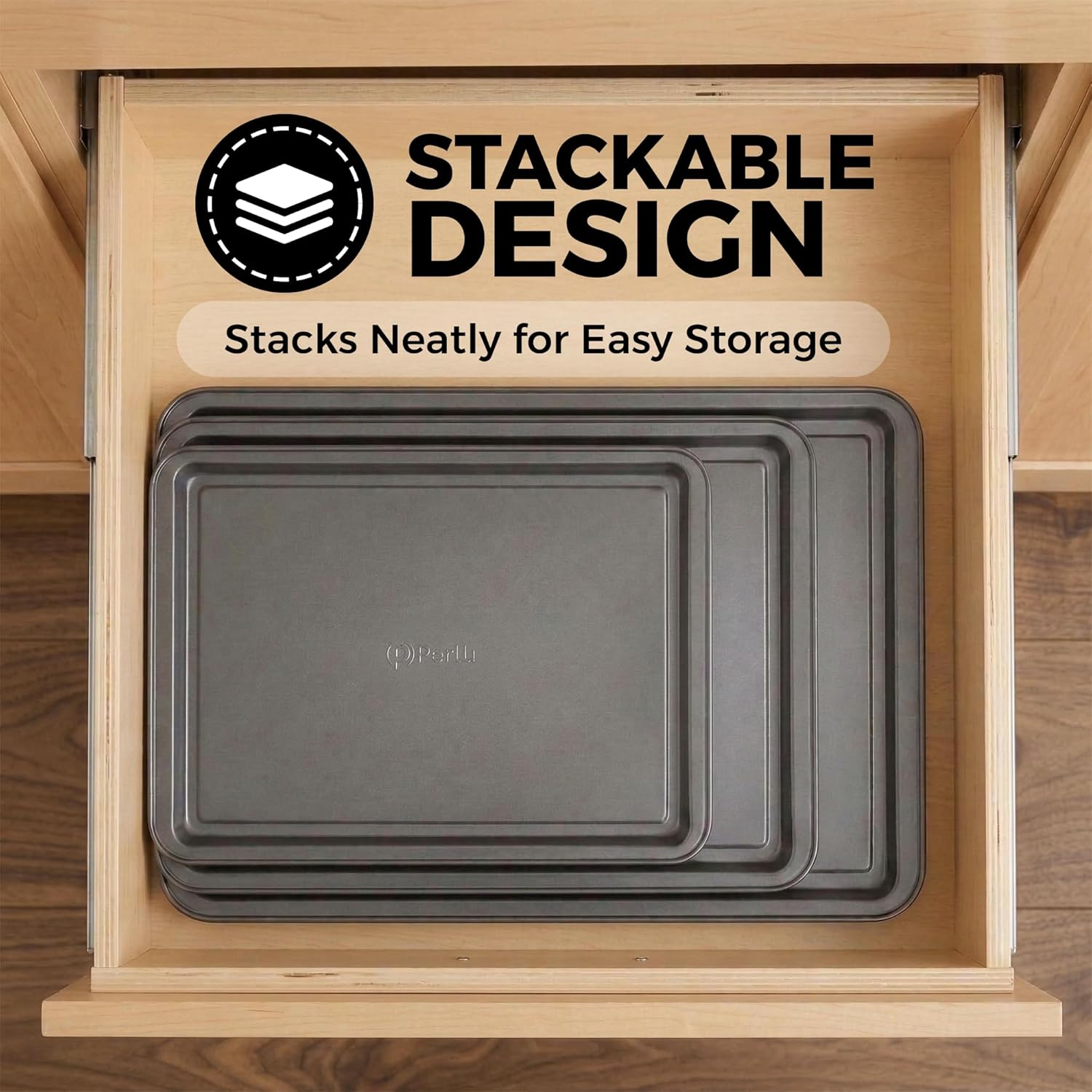 PERLLI Non-Stick Baking Pan Set - 3-Piece Carbon Steel with Even Heat Distribution, Oven Safe to 446°F | Gray