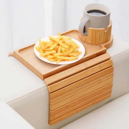 SINWANT Couch Cup Holder Tray,Large Bamboo Couch Armrest Table with Cup Holder,Foldable Anti-Slip Sofa Arm Tray for Coffee Cup,Water Bottles,Mug,Snacks,Remote