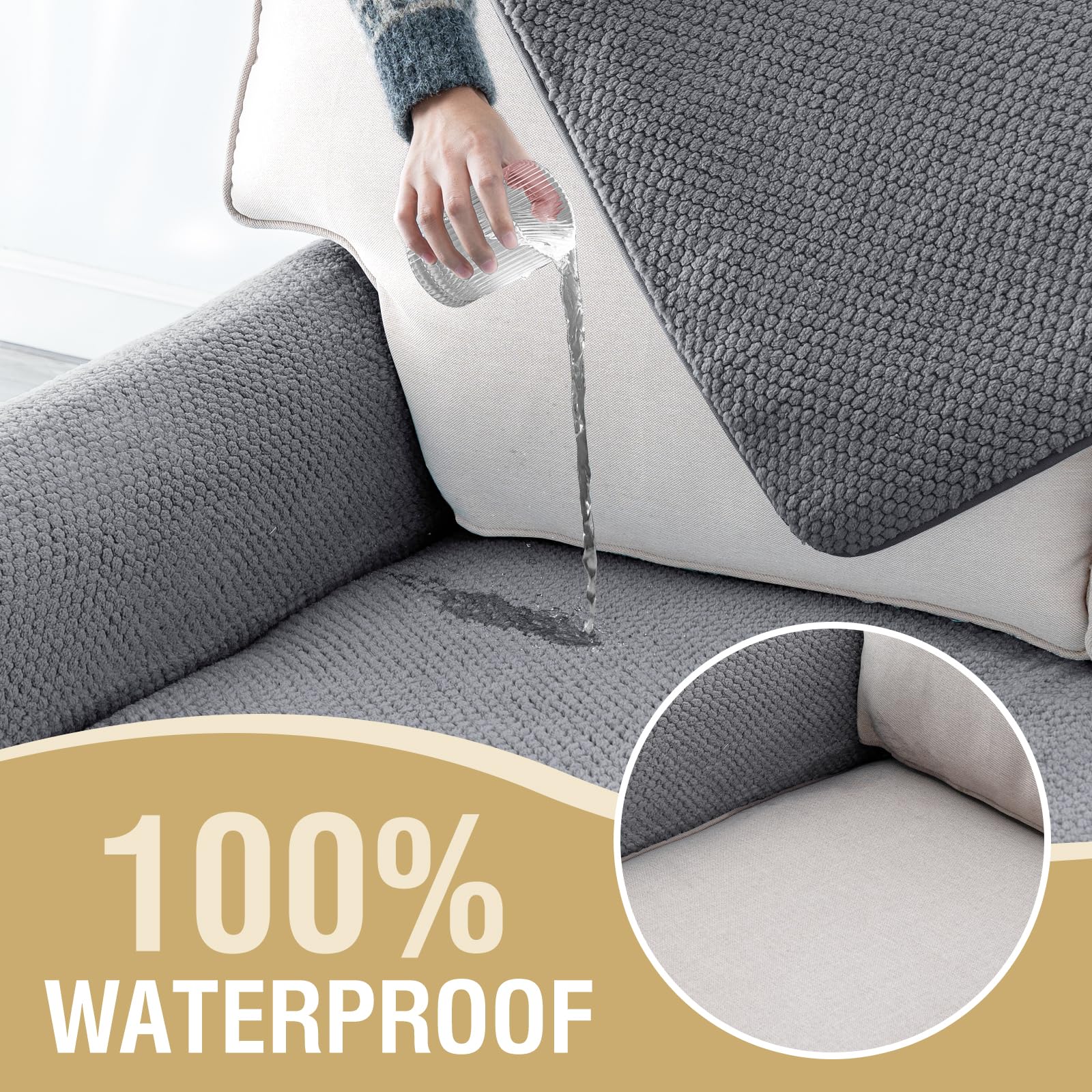 H.VERSAILTEX Waterproof Couch Cover Plush Sofa Cover with Strap Soft Anti Slip Sofa Slipcovers for 2 Cushion Couch Chaise Couch Protector Cover for Dogs Cats Kids,36x60'',Gray