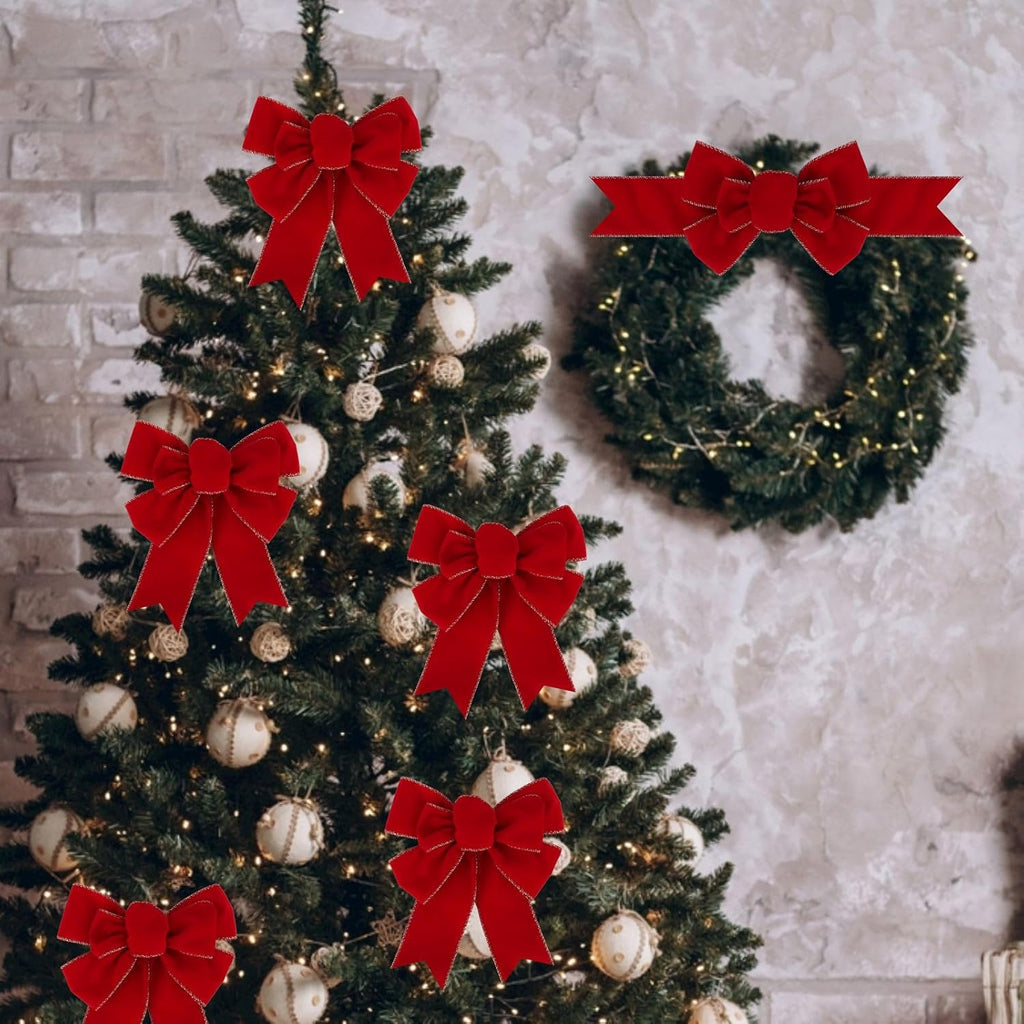 Meseey Christmas Burlap Bow Set - 2 Pcs Red Velvet with Gold Edges for Wreaths & Tree Decor