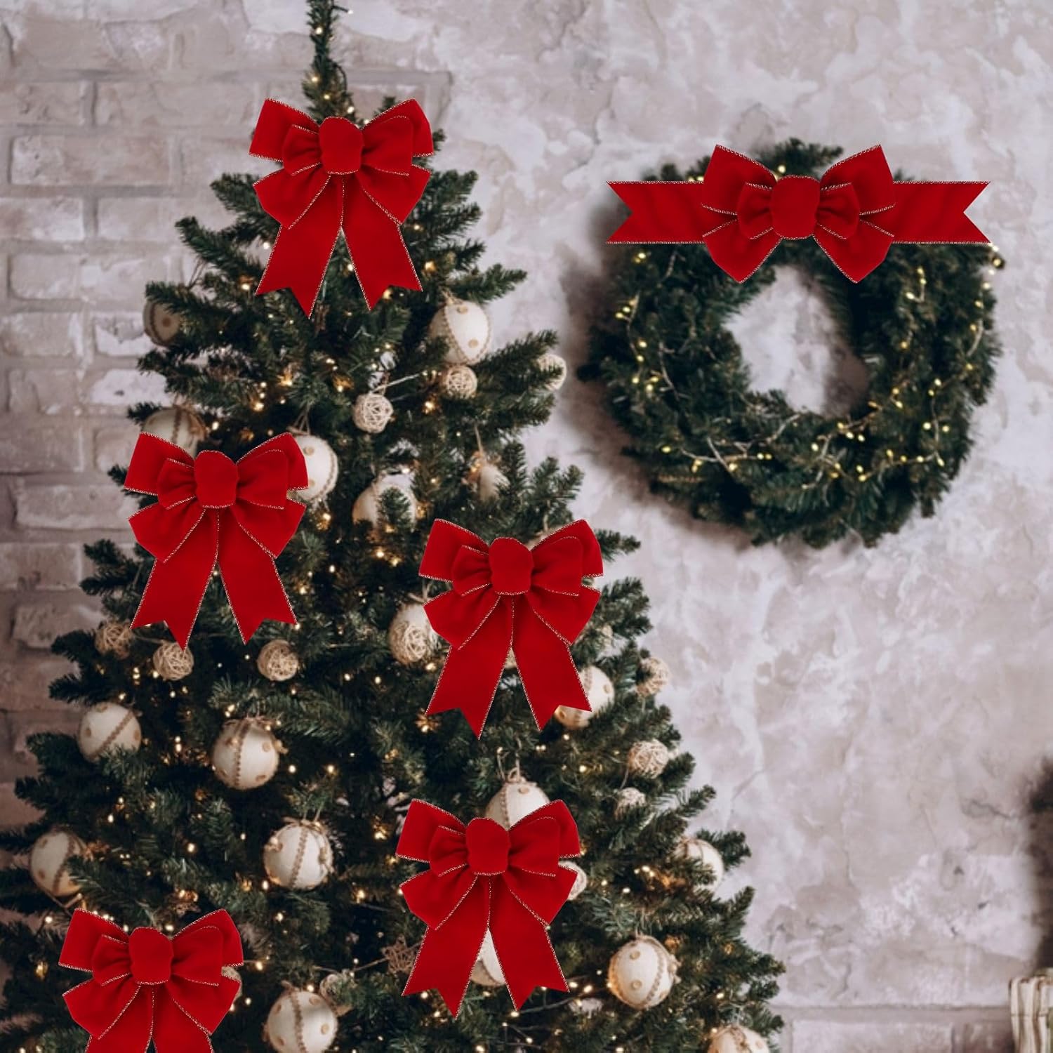 Meseey Christmas Burlap Bow Set - 2 Pcs Red Velvet with Gold Edges for Wreaths & Tree Decor