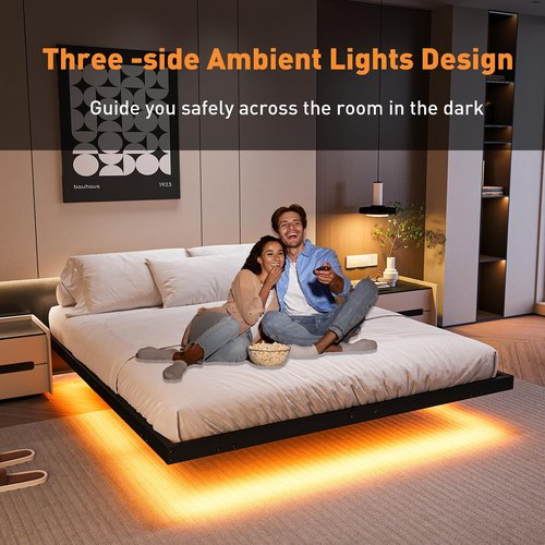 AGXI Floating Bed Frame with LED Lights and Charging Station, 14 Inch King Size Floating BedFrame - Modern King Size Bed Frame Easy Assembly No Box Spring Needed
