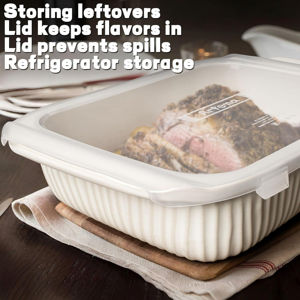 Artena Baking Dish - 5.1 Quart Casserole Dish with Handles | Oven Safe Ceramic Soup Crocks & Lids