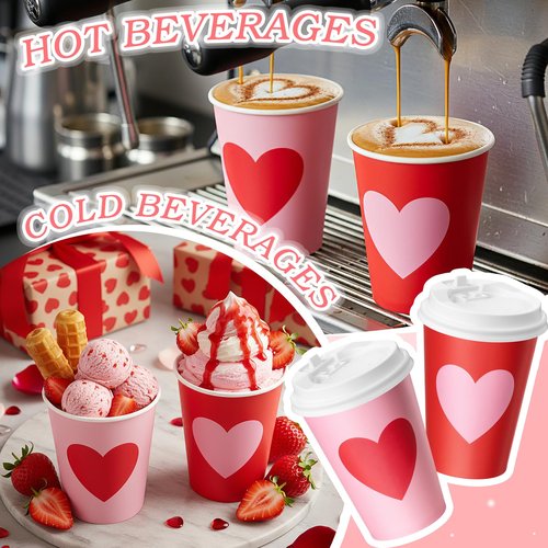 Sunnychicc 60 Set Valentine's Day Disposable Coffee Cups with Lids 12oz Red Pink Hearts Patterns Paper Cups Beverage Drinking Cup for Anniversary Wedding Bridal Shower Party Supplies 2 Style