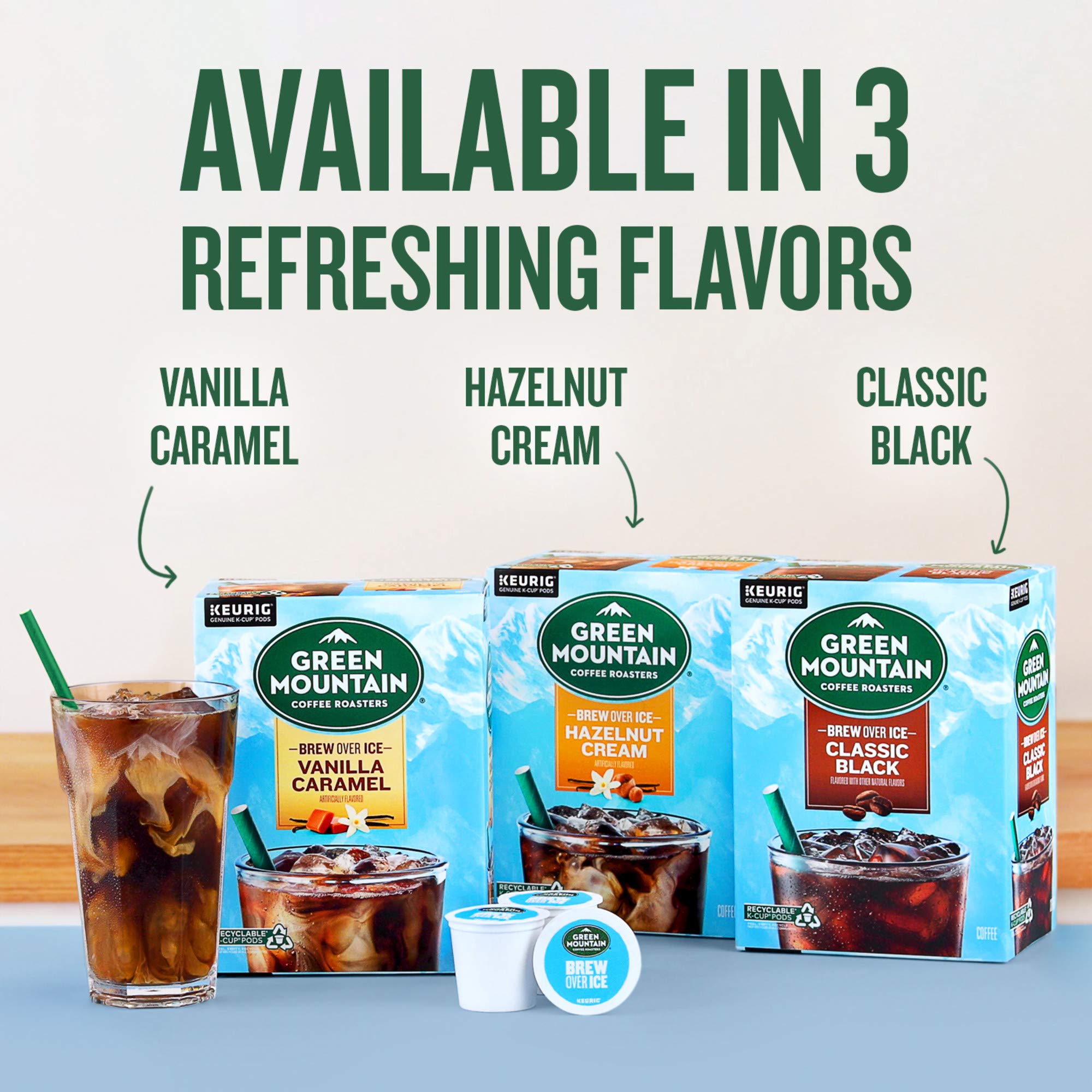 Green Mountain Coffee Roasters Brew Over Ice Hazelnut Cream, Single Serve Keurig K-Cup Pods, Flavored Iced Coffee, 12 Count