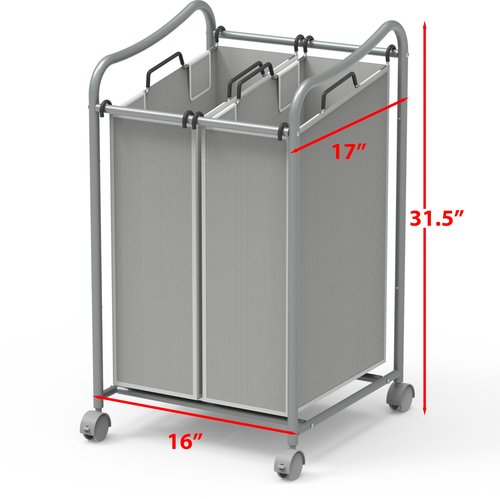 Simple Houseware 2-Bag Heavy Duty Rolling Laundry Sorter Cart, Silver – 2 Section Removable Bags and Lockable Wheels for Laundry Room Organization