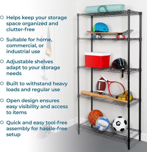 Honey-Can-Do Heavy-Duty 5-Tier Metal Storage Rack - 200 lb Capacity, Black, 14" W x 36" L x 72" H