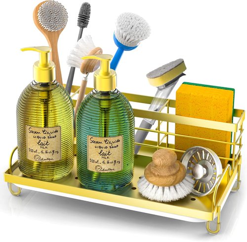 Cisily Gold Kitchen Sink Caddy Organizer - Rustproof Sponge Holder & Non-Slip Soap Dish | Essential Home Accessory