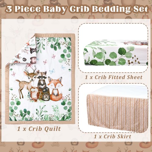 Hahafelt 3 Pcs Baby Crib Bedding Set Safari Animals Dinosaurs Bear Woodland Animals Jungle Crib Set Includes Quilt, Fitted Sheet, Skirt for Baby Boy Girl(Green,Woodland Raccoons Deer Etc.)