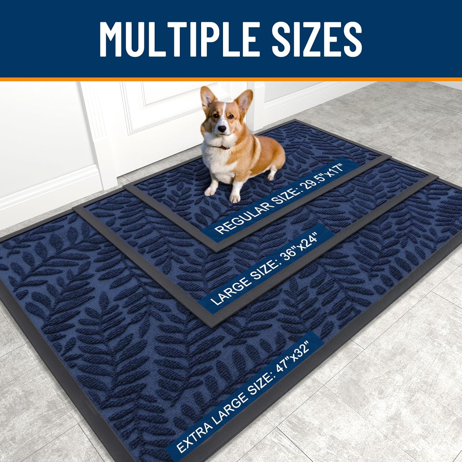 OLANLY Indoor Outdoor Door Mat - Waterproof All-Weather Doormat | 29.5x17, Sturdy Natural Rubber, Navy Blue