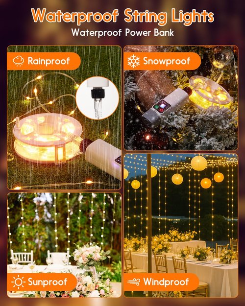 Anpro Outdoor String Lights Indoor: 66FT 200 LED Rechargeable String Lights for Outside, Quick Reel-in, Waterproof Camping Lights, 3 Timer 8 Modes, Christmas Twinkle Lights Decor for Yard, Patio