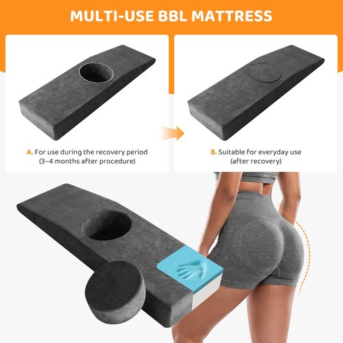 BYBYME Memory Foam BBL Bed for Sleeping Brazilian Butt Lift Recovery Pillow After Surgery with Removable Cover (Grey, 71x22x8 Inch)
