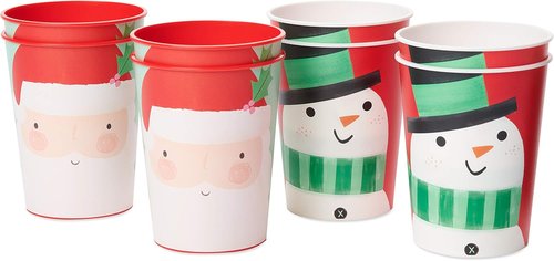 American Greetings Reusable Plastic Cups - 16 oz. Holiday Design with Santa & Snowman | 8-Count Set