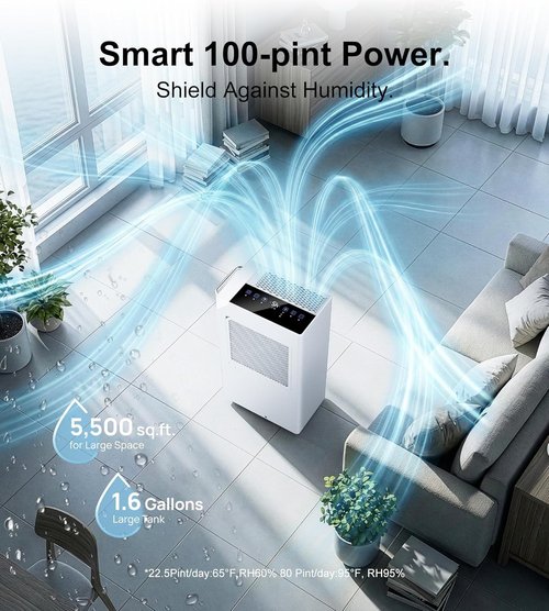 Landeagle 5500 Sq. Ft Dehumidifier - 100 Pint/Day with Smart Humidity Control & 1.6 Gal Tank