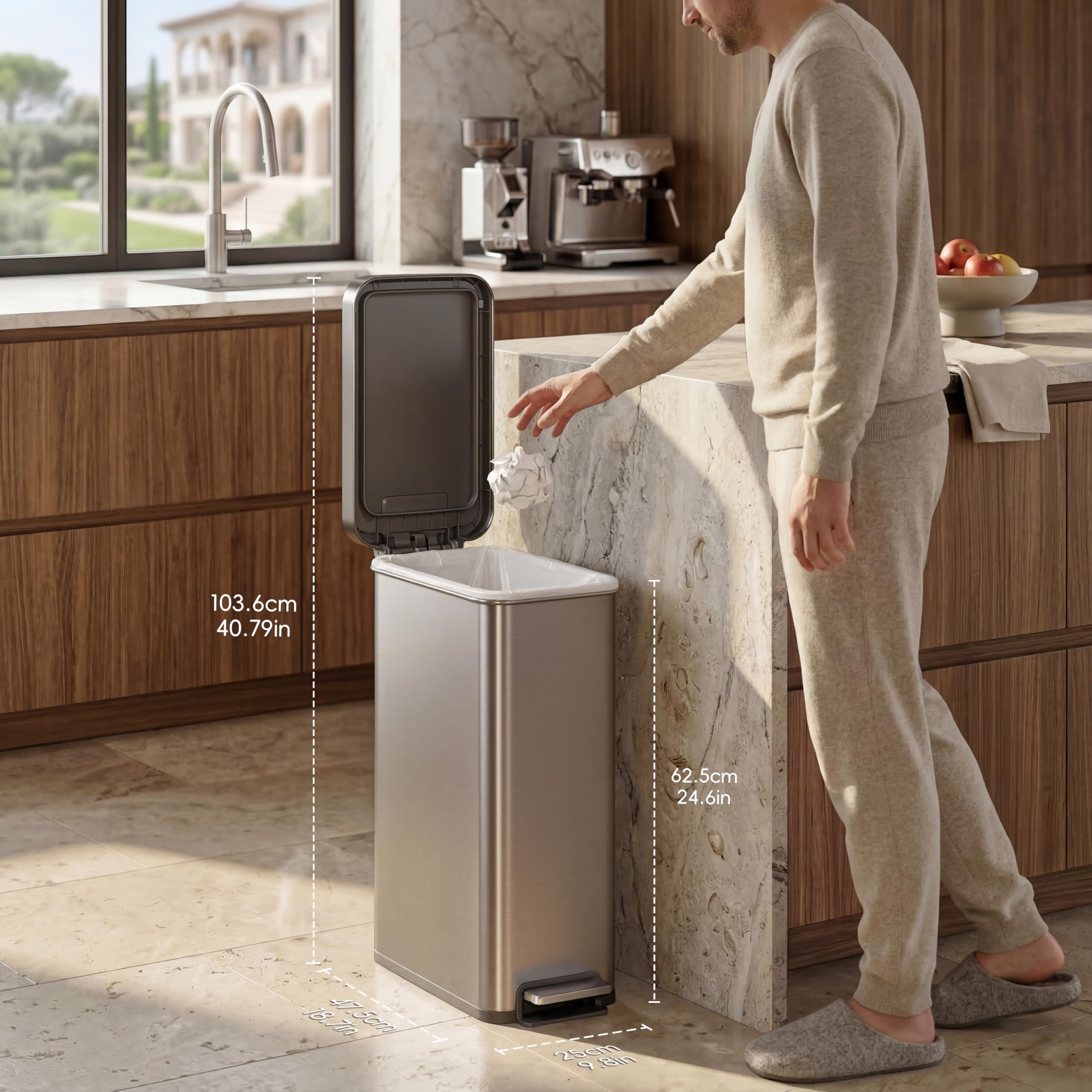 EKO Hudson Slim 50L / 13.2 Gallon Kitchen Trash Can with Lid, Stainless Steel Step Garbage Can for Kitchen or Home, Space-Saving Garbage Can with Soft Close Lid, Stay-Open, Liner Ring, Handle