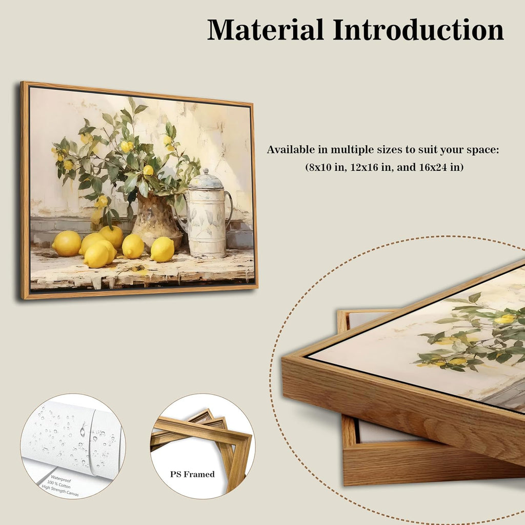 Vintage Kitchen Wall Art by Floating Framed | Yellow Lemon Still Life Canvas Print 12x16 Inch