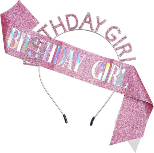 GREATRIL Pink Birthday Girl Tiara & Sash Set - Perfect Crown Headband for Princess Parties