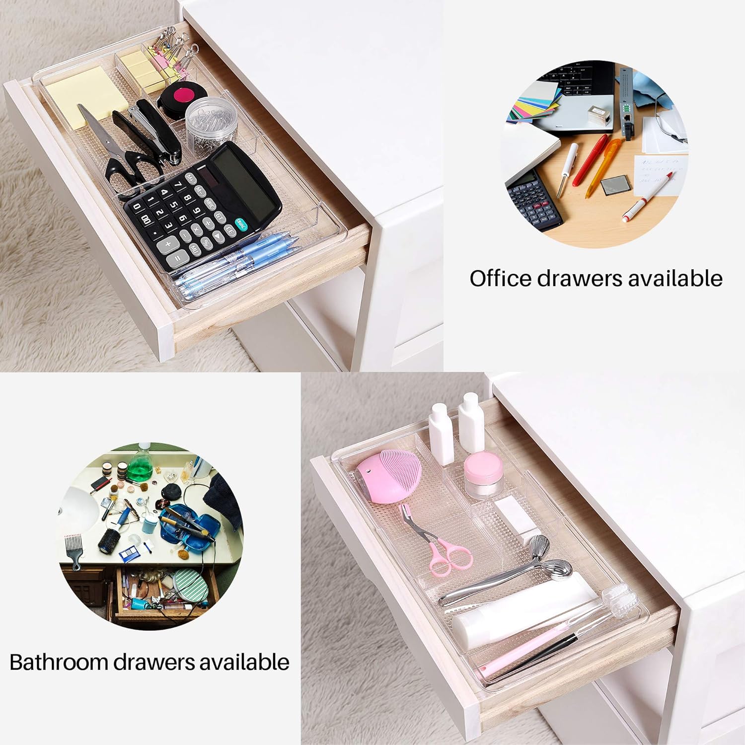 Oubonun Expandable Drawer Organizer - Shallow Cosmetic Storage Trays | 11.1” to 19.2” Width, 4 Packs, Clear