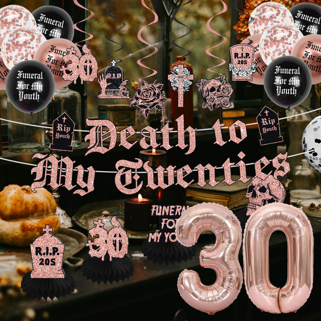 Crenics Rose Gold and Black Death to My 20s Decorations - Death to My Twenties Backdrop, Banner, Honeycomb, Sash, Hanging Swirls, Cake Topper and Balloons for 30th Birthday Party Decorations for Her