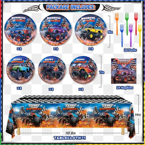 Monster Truck Birthday Decorations Kit - 97 Pcs Machines Jam Party Supplies for Boys Serves 24 Guests, Including Plates, Napkins, Forks & Tablecloth - Perfect for Monster Truck Themed Decor