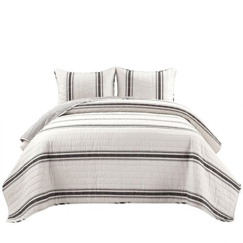 Lush Decor Farmhouse Stripe Reversible Cotton Quilt King Size 3 Piece Set Black - Farmhouse Bedding Set King Quilt - Striped Bedding
