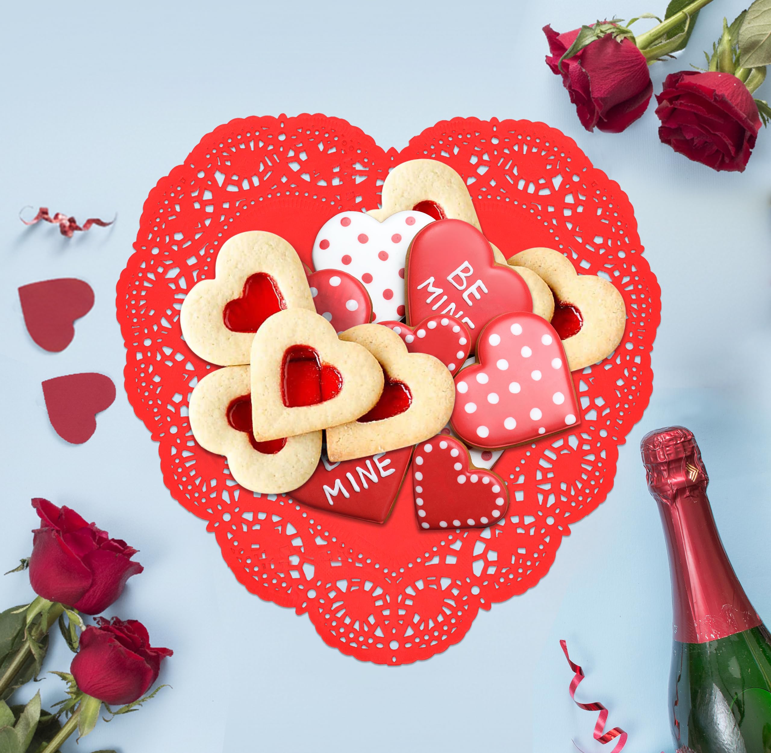 100 Pcs 12 Inch Valentine Heart Doilies Cutouts Paper Lace Doily Red Craft Gift Set for Table Party Decorations