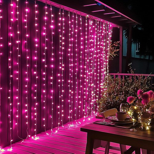Dazzle Bright 300 LED Curtain String Lights - Waterproof Fairy Lights with 8 Modes | Pink for Bedroom & Party Decor