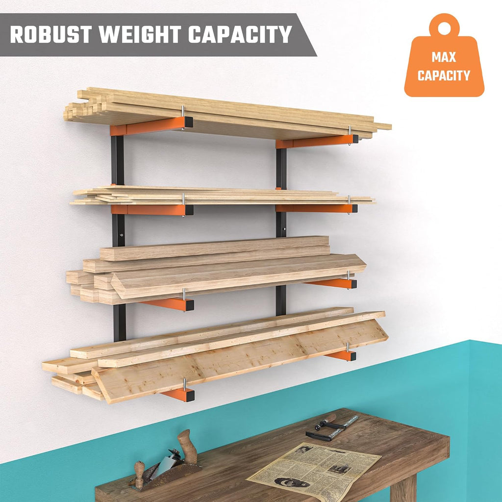 Snap-Fit Lumber Rack | Heavy-Duty Metal Wall Mount Storage for 32-Inch Wood - 8 Levels