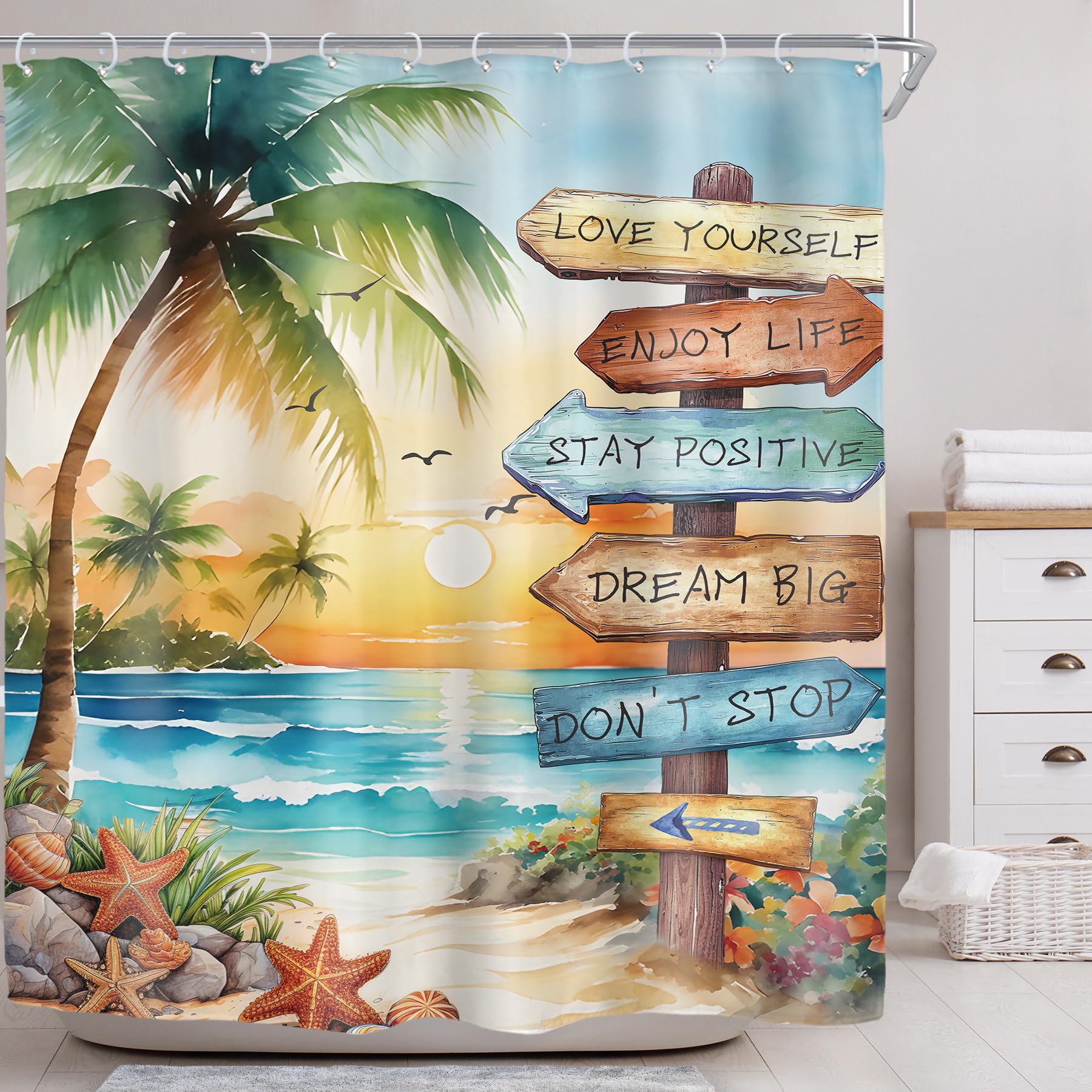 Riyidecor Tropical Beach Palm Tree Shower Curtain for Bathroom Decor 72Wx72H Ocean Quotes Coastal Sunset Watercolor Scenery Inspirational Art Printed Fabric Polyester Waterproof 12 Pack Plastic Hooks