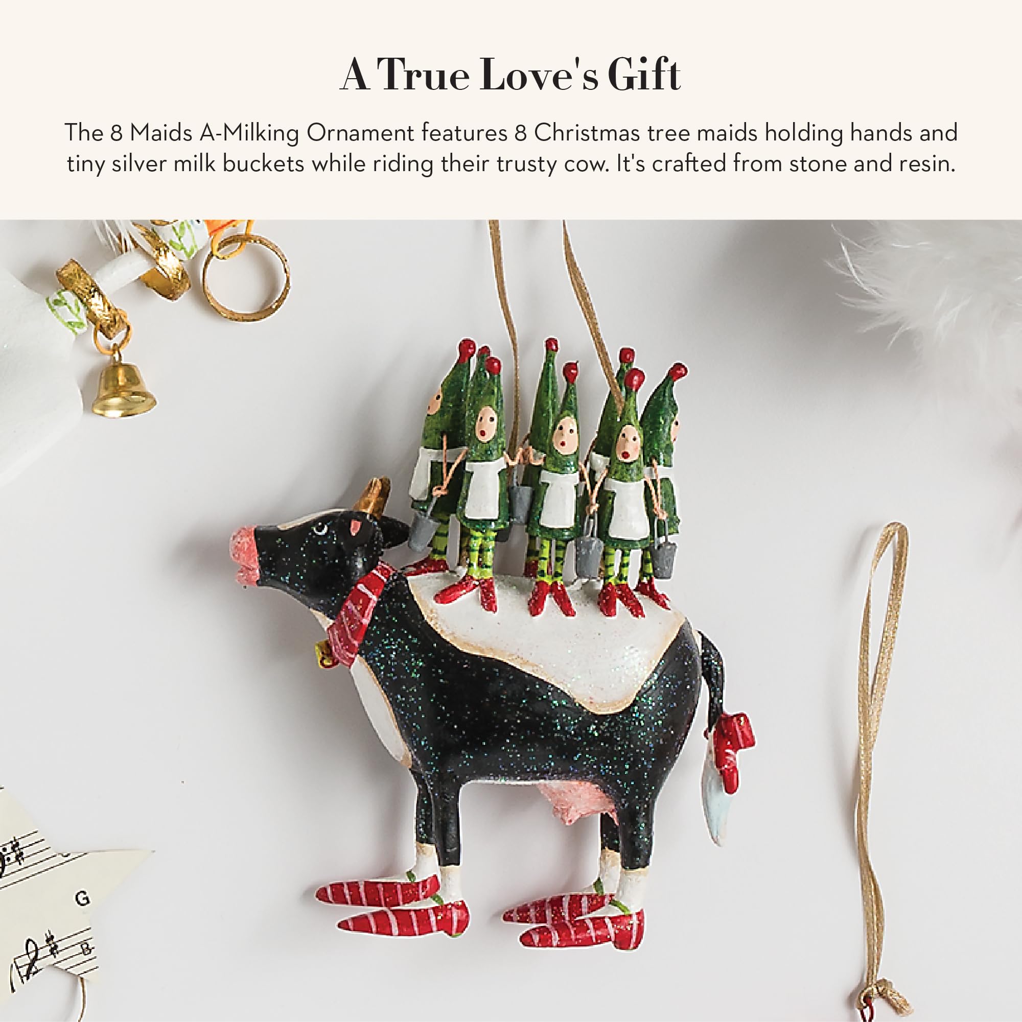 MACKENZIE-CHILDS Patience Brewster 12 Days Christmas Ornament, Decorative Hanging Ornament for Christmas Tree, 8 Maids a-Milking