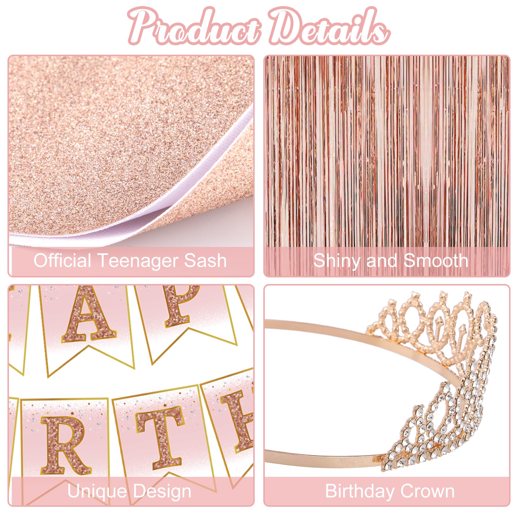 13th Birthday Party Decorations for Girls, Rose Gold Official Teenager Foil Balloons 13th Birthday Banner Fringe Curtain Crown Sash Paper Pompoms Cake Topper for 13 Year Old Girls Party Favor Supplies