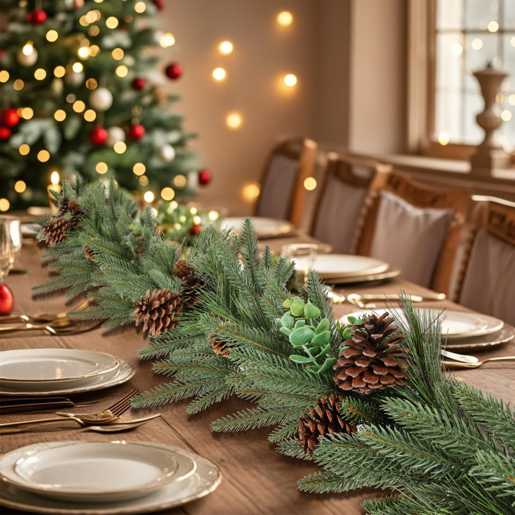 6ft Artificial Christmas Spruce Garland with Pine Cones, Lifelike Winter Greenery Needles Garland Decor for Home, Fireplace, Wall, Porch, Table, Mantle, Indoor Outdoor Decoration