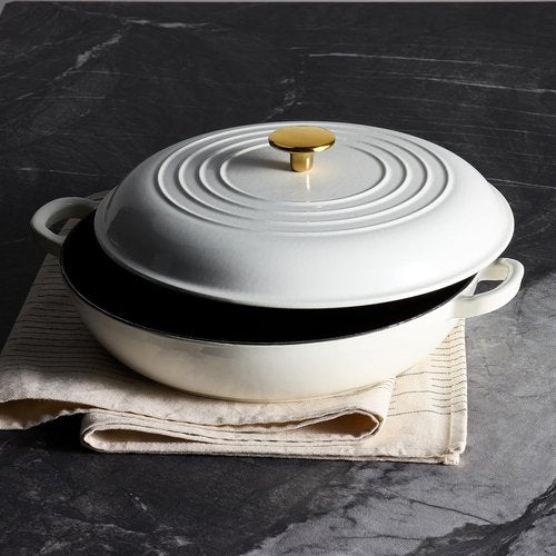 CAROTE Enameled Cast Iron Braiser Pan - 3.4QT Shallow Dutch Oven with Lid for Grilling & Baking | Non-Toxic White