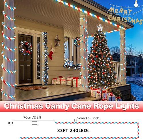 Jnaurb Christmas Candy Cane Lights - 33ft 240 LED Waterproof Rope Lights | Red, White & Blue for Holiday Decor