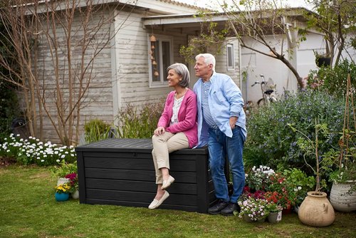 Keter Westwood 150 Gallon Resin Outdoor Storage Box - Ideal for Patio Furniture & Garden Tools | Dark Grey