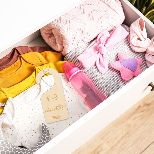 Whaline Wooden Baby Closet Size Dividers Set of 7 Wardrobe Hanger Organizer from Newborn to 24 Month Nursery Decor Dividers with Blue Velvet Bag Design for Home Nursery Infant Baby Clothes