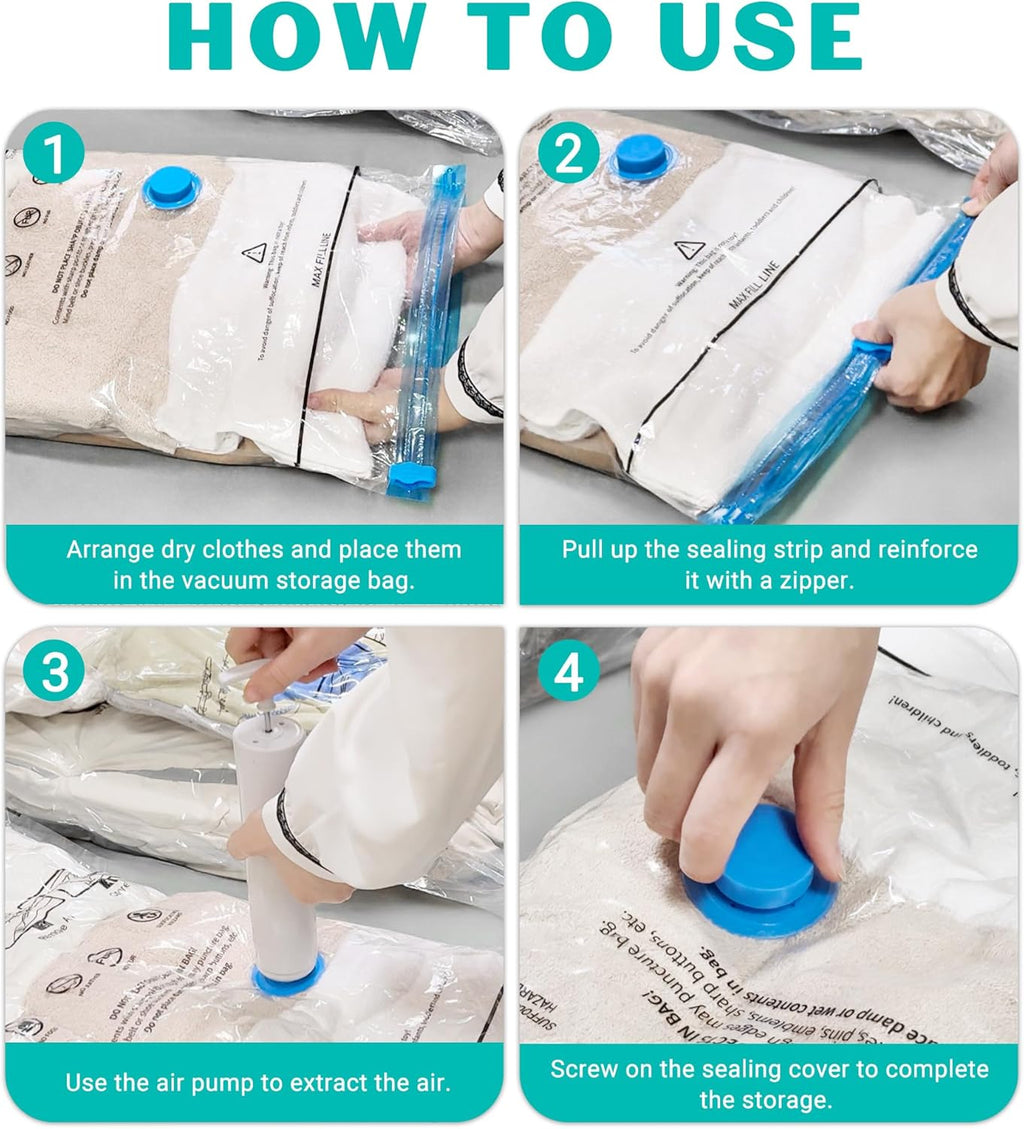 Skiennix Vacuum Seal Bags - 15 Pack Space Saver Storage for Clothing, Blankets & Travel | Hand Pump Included