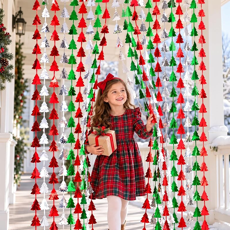 Mega-L 2 Pack Christmas Foil Fringe Curtains - 3.3 x 6.6 ft Tree Shaped Backdrop, Red-Silver-Green, Variation Red Silver Green+2 Pack