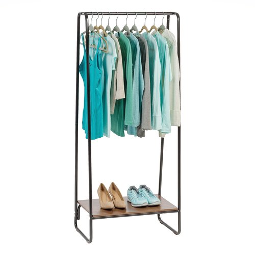IRIS USA Clothes Rack for Hanging Clothes with Bottom Wood Shelf, Freestanding Clothing Rack, Easy to Assemble Garment Rack, Metal, Sturdy Design, Multipurpose, Small Space Storage Solution, Black