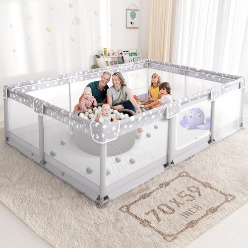 Large Baby Playpen - 70x59in Giant Play Yard for Babies & Toddlers | Safe Indoor Play Fence in Grey