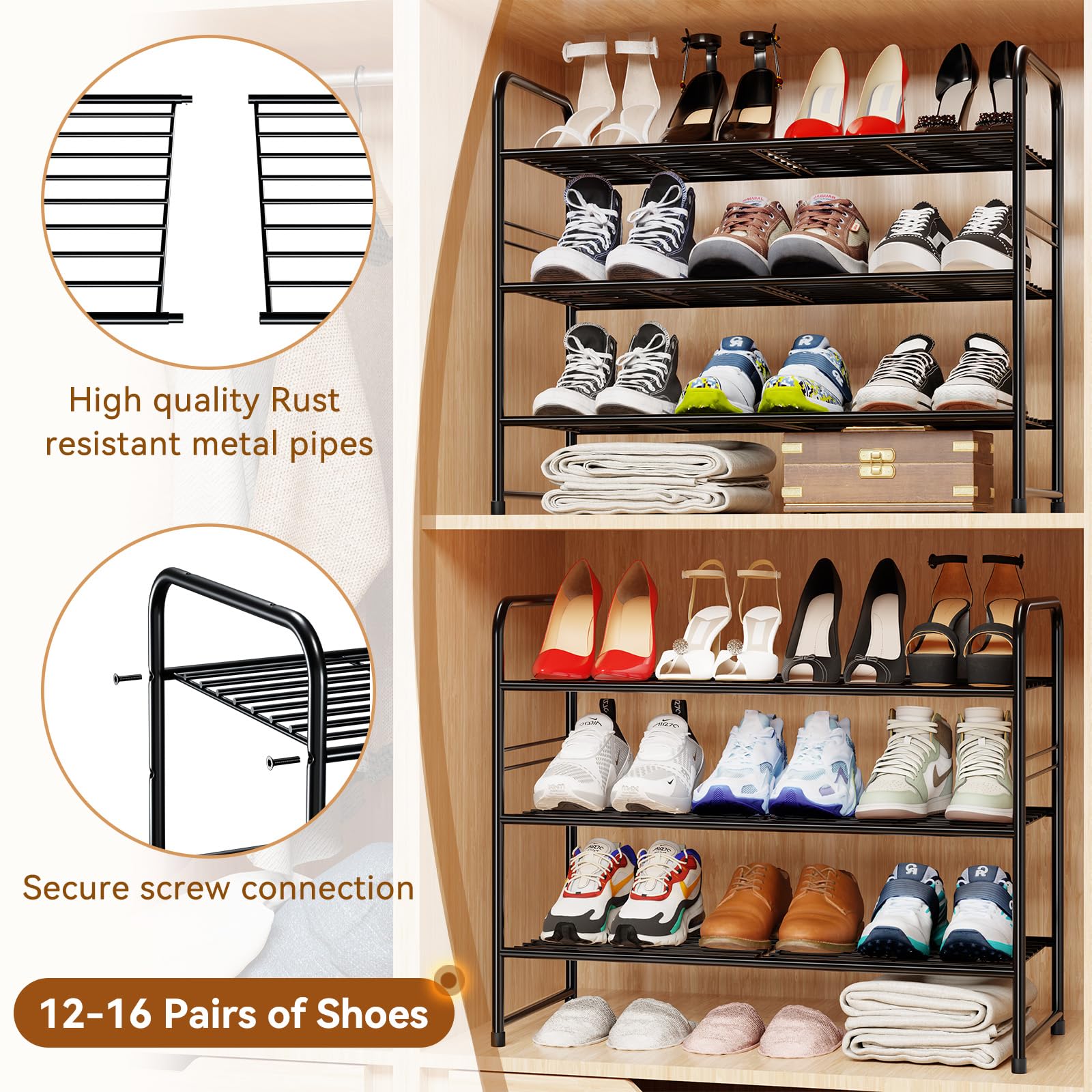 MWQ Shoe Organizer for Closet, Metal Shoe Shelf Rack Stackable 3 Tier 27 Inch Wide for Entryway, Adjustable, Black