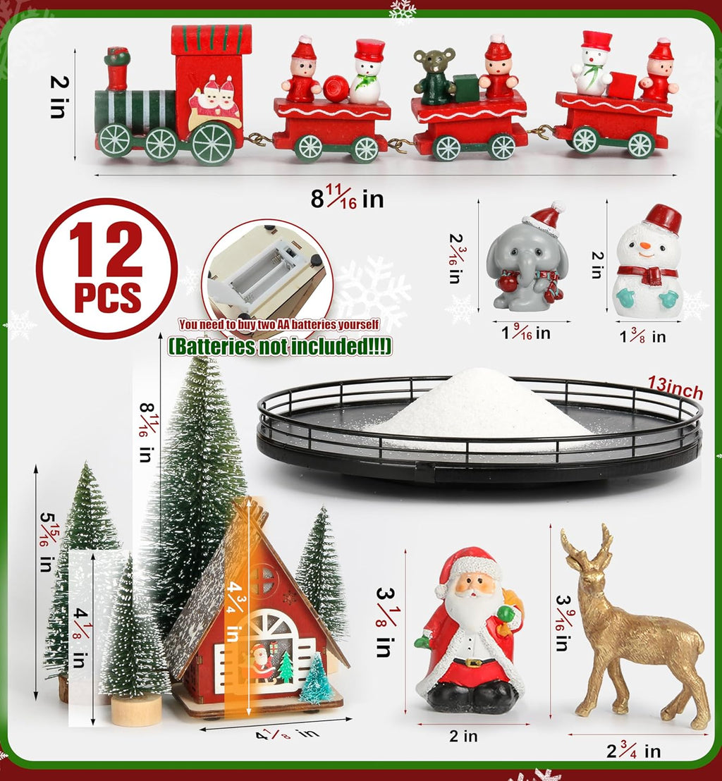 Oroyutor Christmas Village Set - 12 Pcs 13" Oak Wooden Lazy Susan with Santa Train & Trees | Holiday Table Decor
