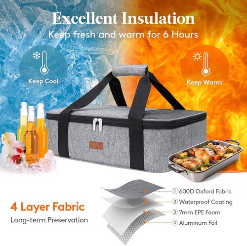 Lifewit Insulated Casserole Carrier - Perfect for Hot or Cold Food | Fits 9"x13" Baking Dish, Grey