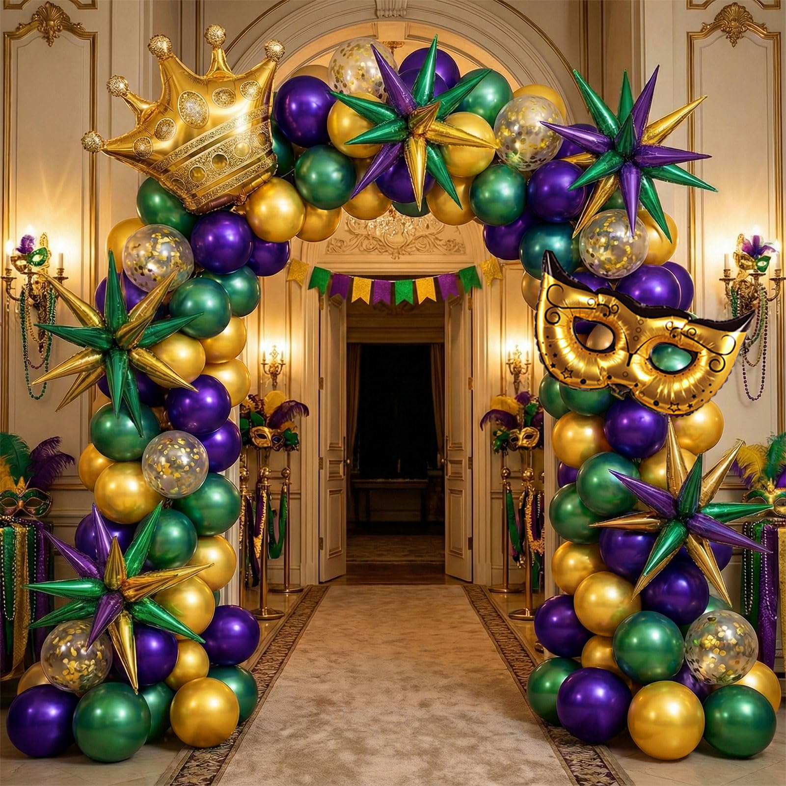 Mardi balloon garland arch kit Purple Emerald green gold with Crown and Mask star mylar Balloons for Grand Fat Tuesday Party Decorations for Gorgeous Funny Festive Vibe