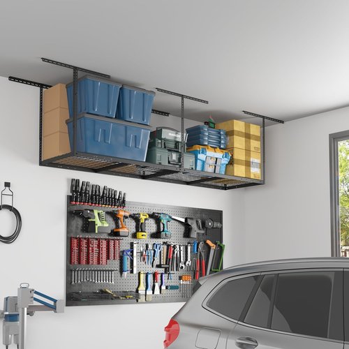 FLEXIMOUNTS 2x8 Garage Storage Rack - Heavy Duty Adjustable Overhead Organization System | 400lbs Capacity, Black