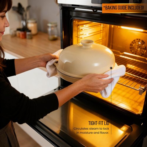 Kook Bread Oven, with Lid and Handles, Enameled Cast Iron Pan and Ceramic Lid, For Baking, Cooking, Roasting and more (Ivory)
