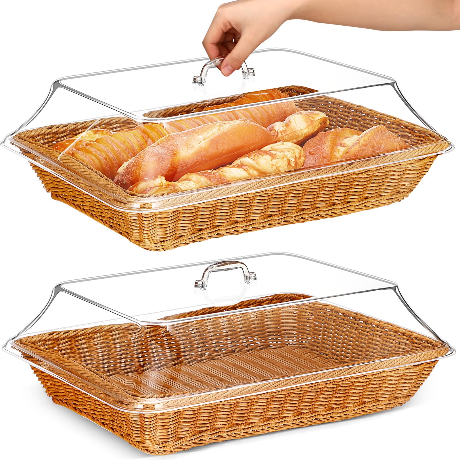 Mumufy 2 Pack Wicker Large Bread Basket with Acrylic Lid Housewarming Gift Woven Rectangular Imitation Rattan Fruit Basket with Cover for Serving Food Display Tabletop Home Kitchen(17.72x13.78'')