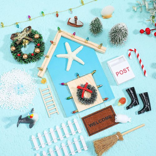 Gerrii 22 Pcs Blue Christmas Fairy Door Kit - Miniature Wooden Decor for Dollhouses & Kids' Rooms
