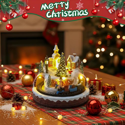 Christmas Village Decoration - Spinning Train & Tree, Musical Collectible with LED Lights | 8 Songs, Timer Function, Dual Power