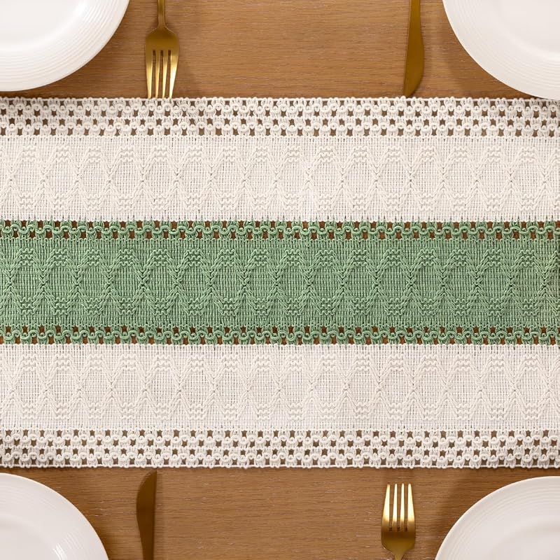 Ivory & Sage Boho Table Runner 12" x 90" | Cotton, Machine Washable